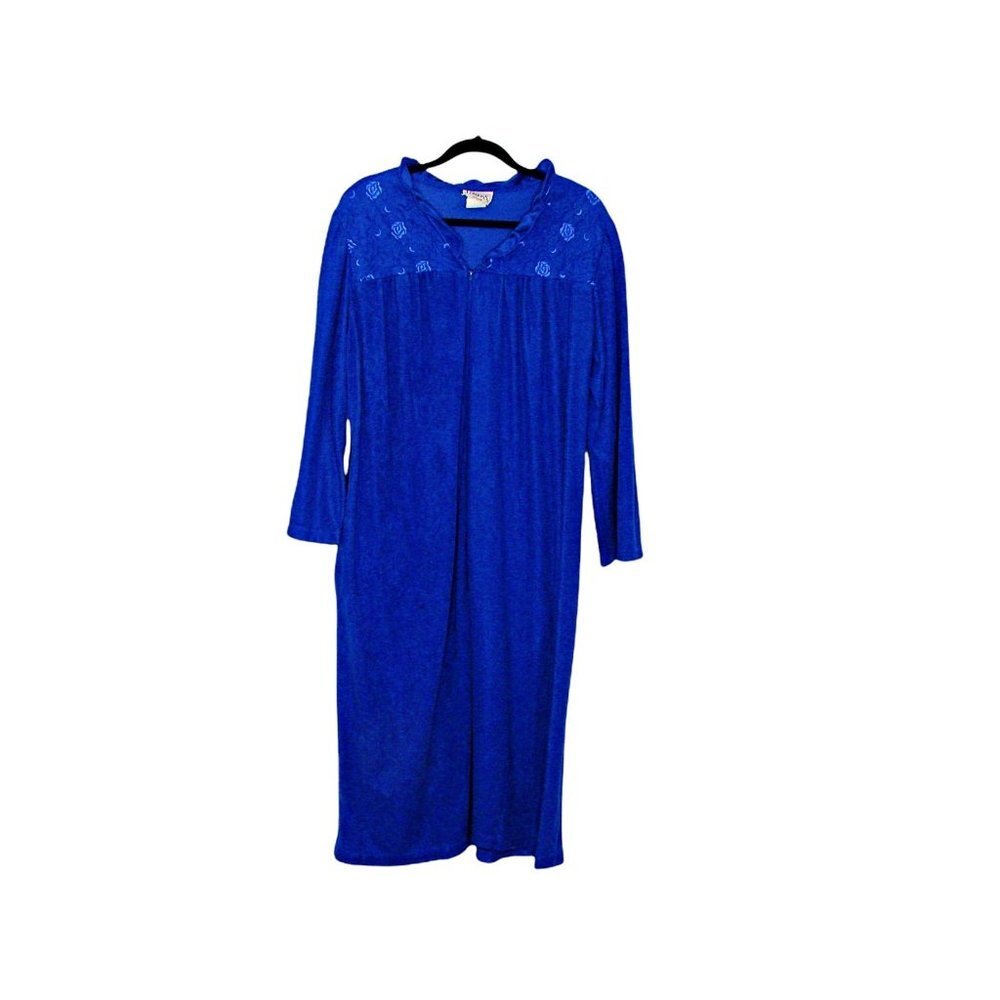 Vintage Womens 80s Basic Editions Intimates Front Zip Fleece Robe Blue Sz Medium
